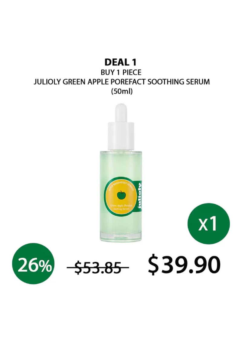 Julioly Green Apple Porefect Soothing Serum bottle with promotional text on a white background