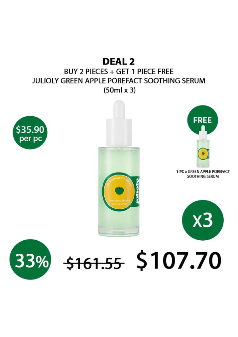 Promotional offer for Julioly Green Apple Porefect Soothing Serum with a free serum included.