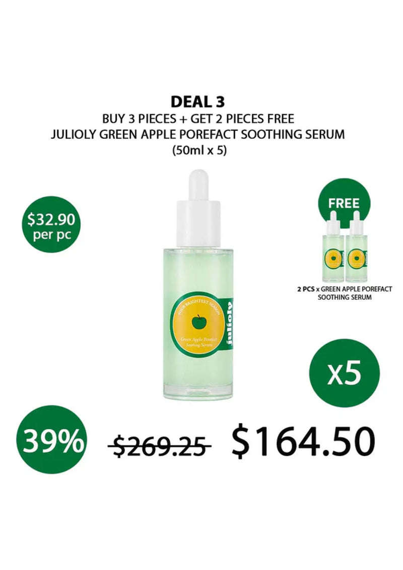 Promotional offer for Julioly Green Apple Porefect Soothing Serum with a discount on purchase quantity.