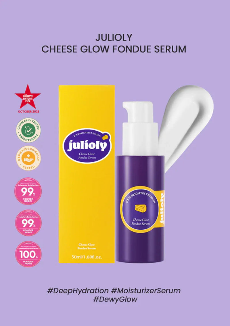 Julioly Cheese Glow Fondue Serum with packaging on a purple background