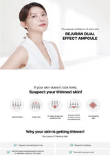 Advertisement for Rejuran Dual Effect Ampoule with a woman in a white dress on a light gray background.