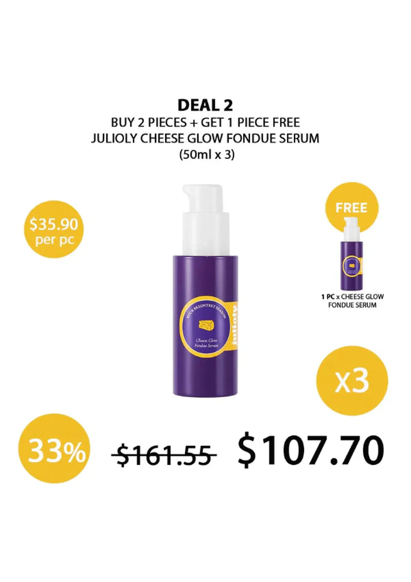 Promotional offer for Juliolly Cheese Glow Fondue Serum with a free serum included.
