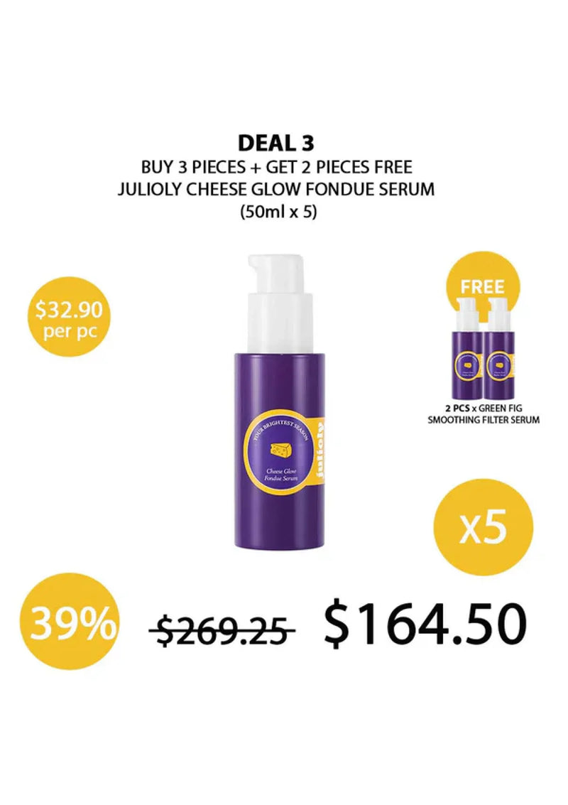 Promotional graphic for Juliyly Cheese Glow Fondue Serum with pricing and deal details.