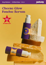 Fondue serum with cheese on a yellow background, featuring Julifoly branding.