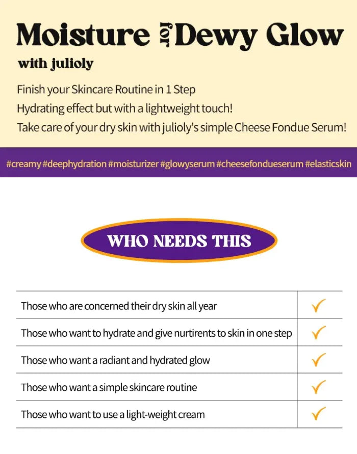 Promotional text for julloy's Cheese Fondue Serum with product benefits and target audience.