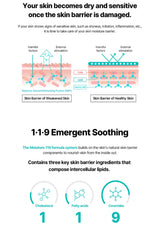 Diagram comparing skin barrier of weakened and healthy skin, with text about 119 Emergent Soothing formula.