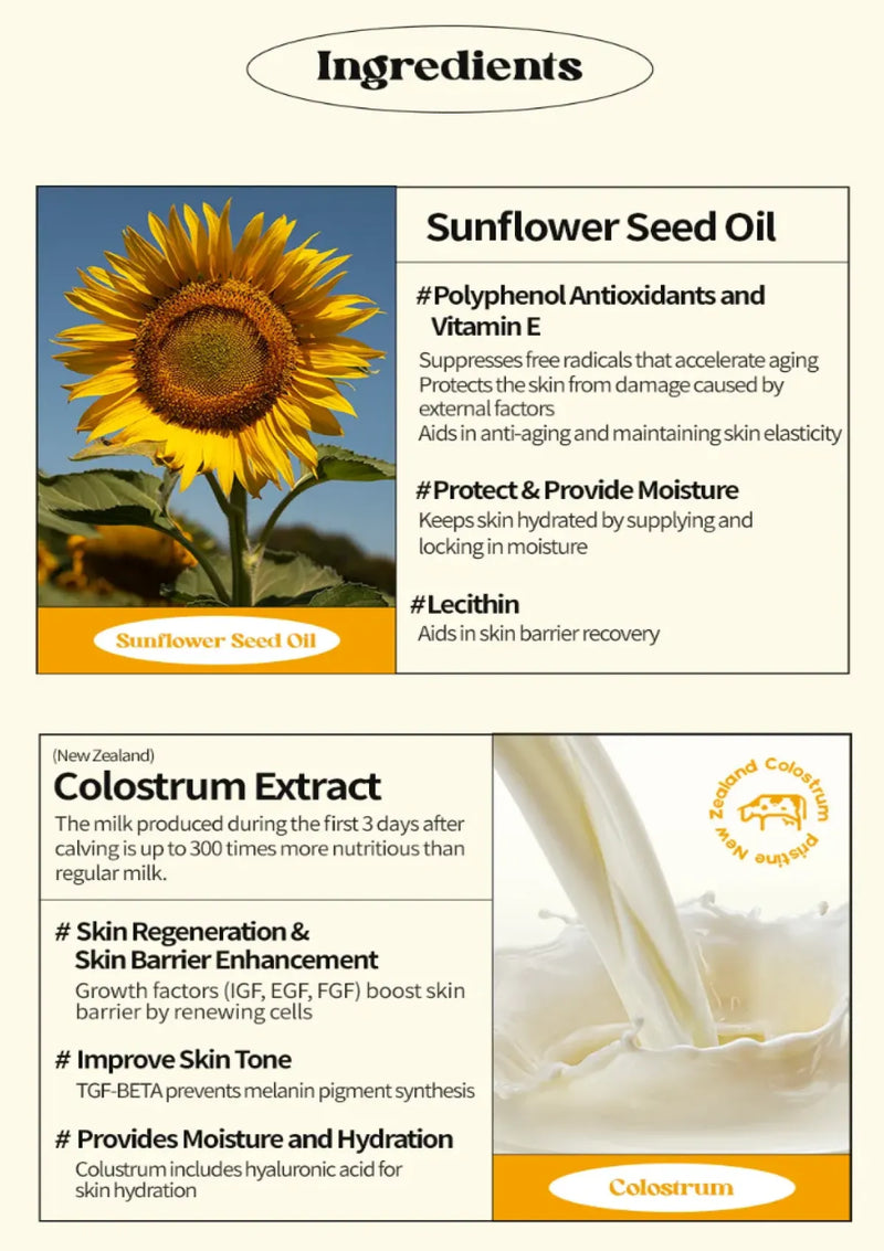 Product label with sunflower seed oil and colostrum extract information.