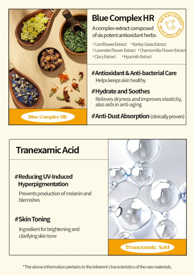 Product packaging with herbal extracts and text about Blue Complex HR and Tranexamic Acid.