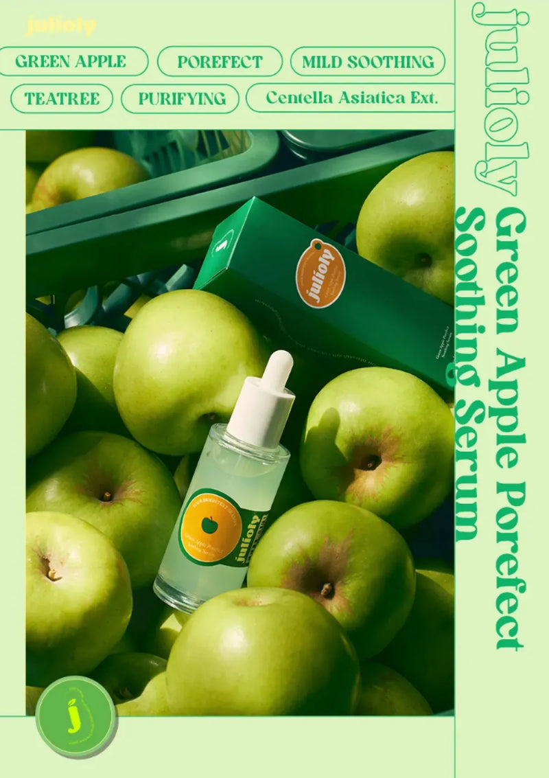 Green apple serum bottle with green apples on a light green background
