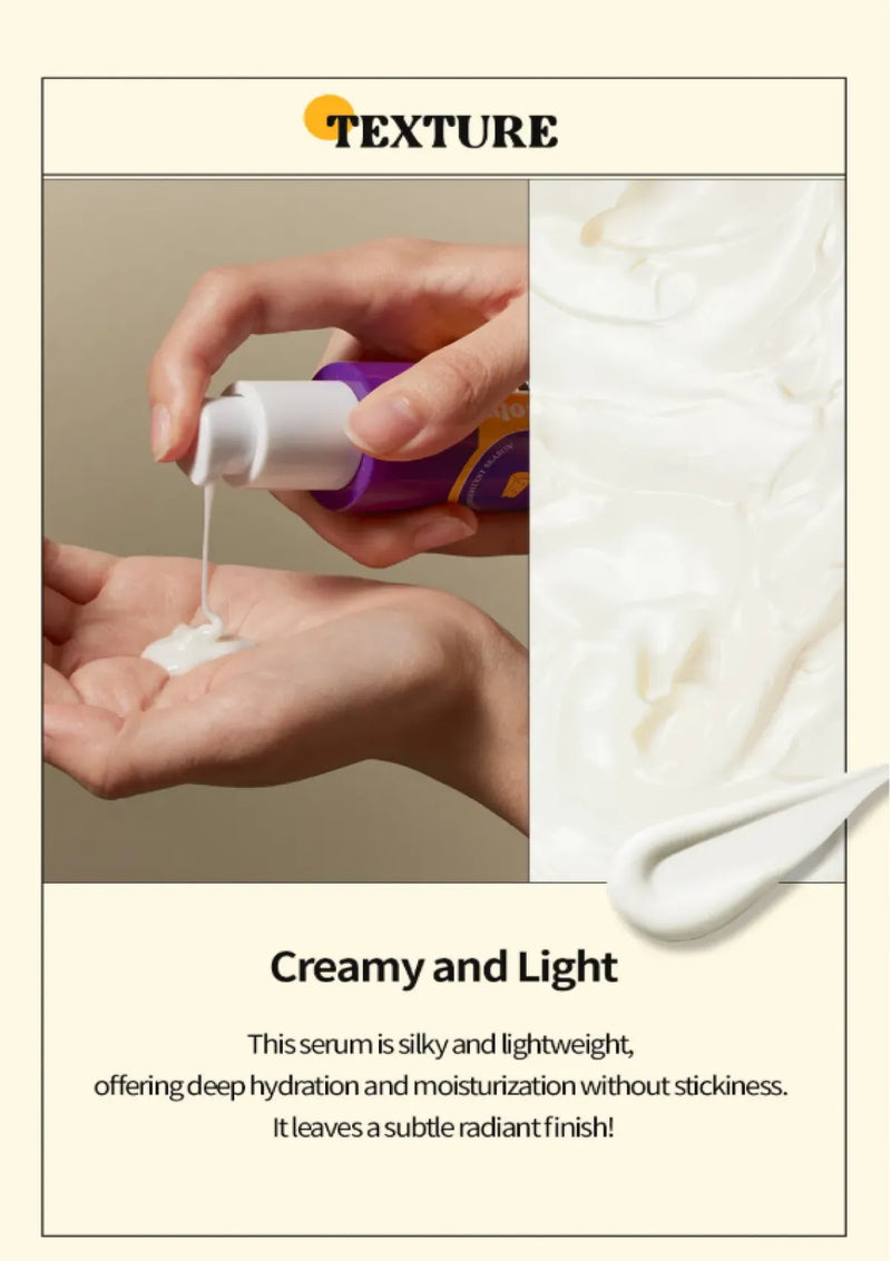 Hand holding a bottle of serum with a close-up of the serum being applied to skin, labeled 'Texture'.