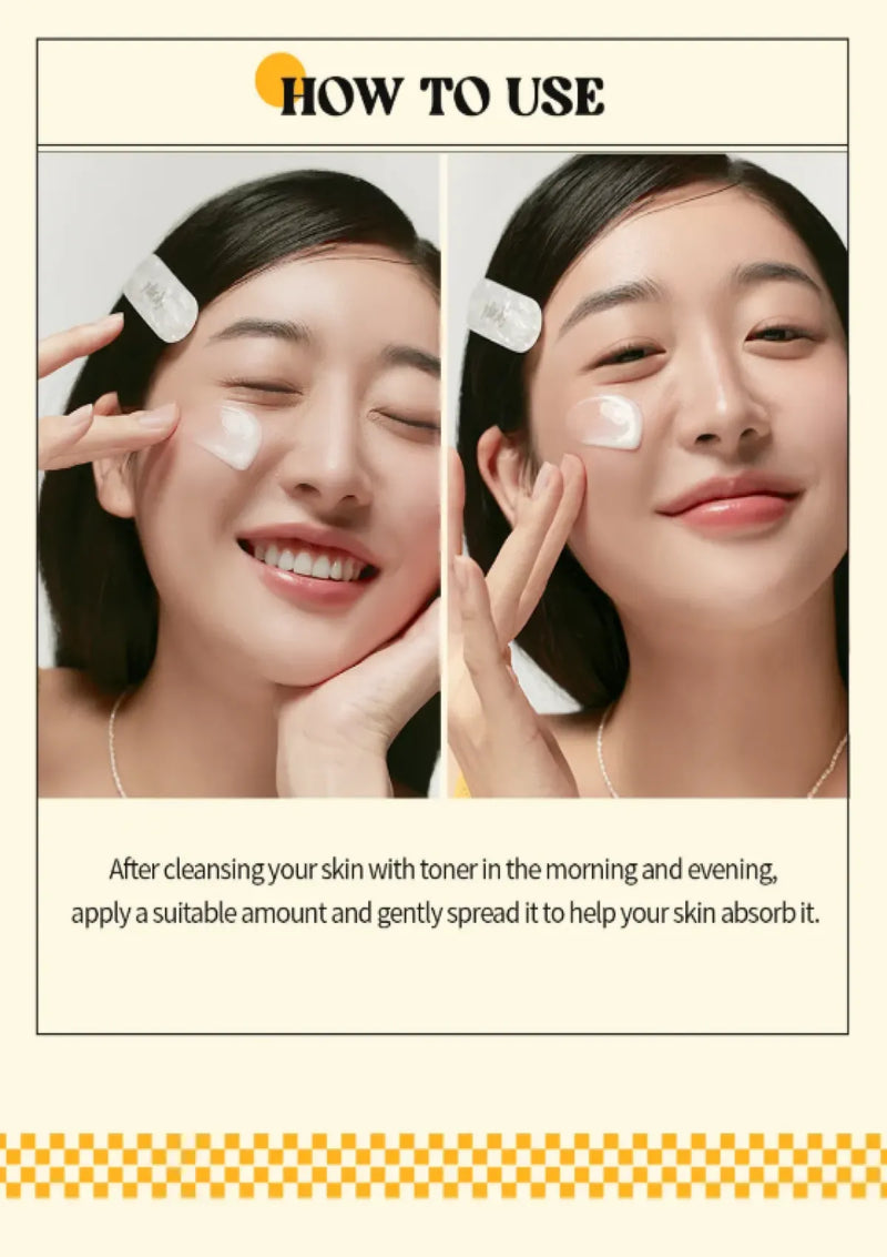 Instructions on how to use a skincare product with two images of a woman applying it.