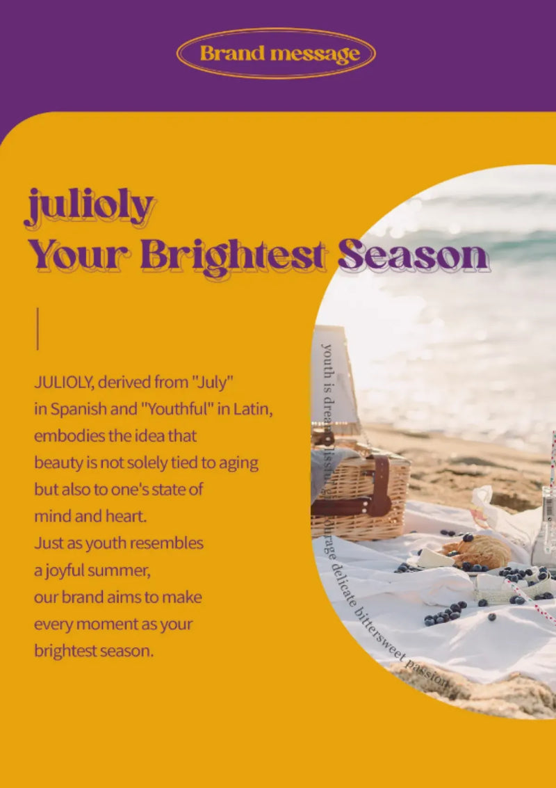 Promotional material for 'juliyly' with a scenic background and text about the brand's message.