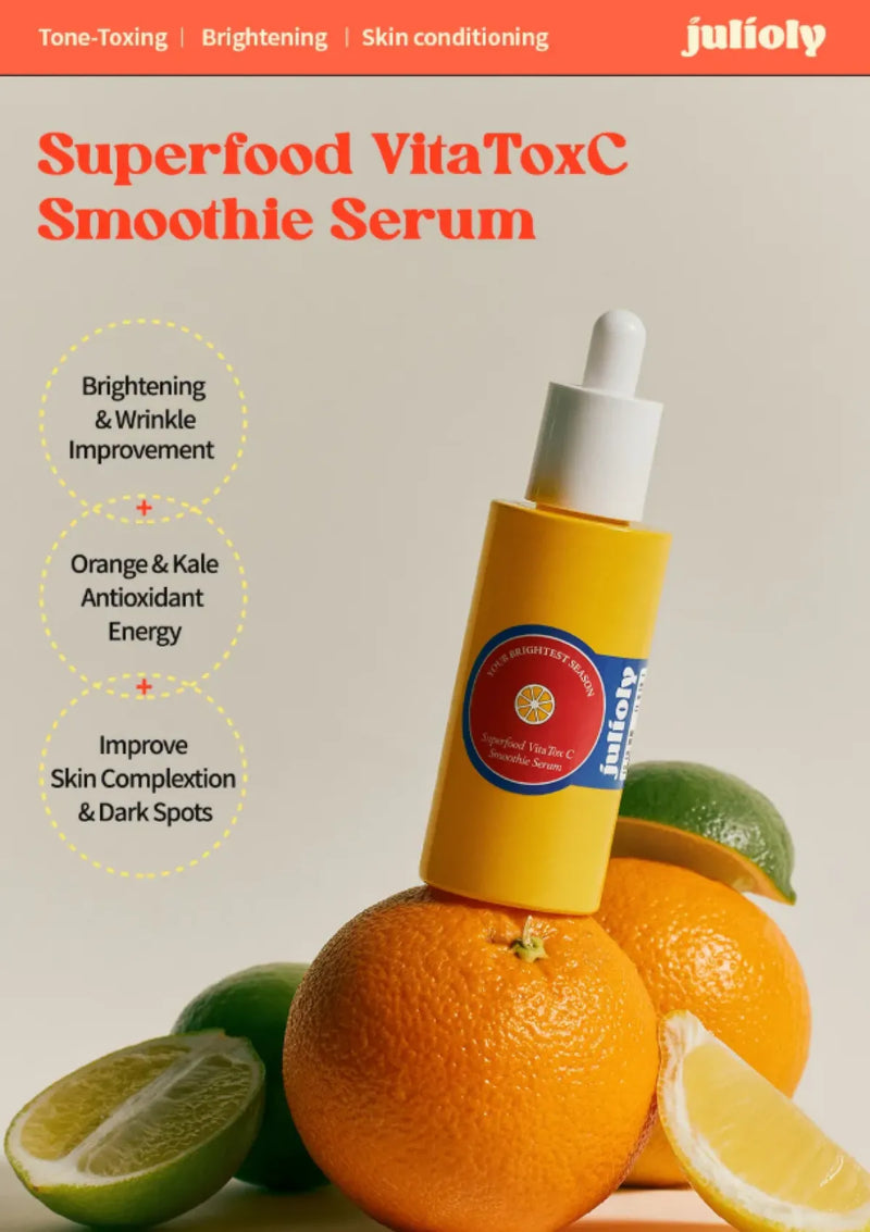 Superfood VitaToxC Smoothie Serum with fruits on a beige background