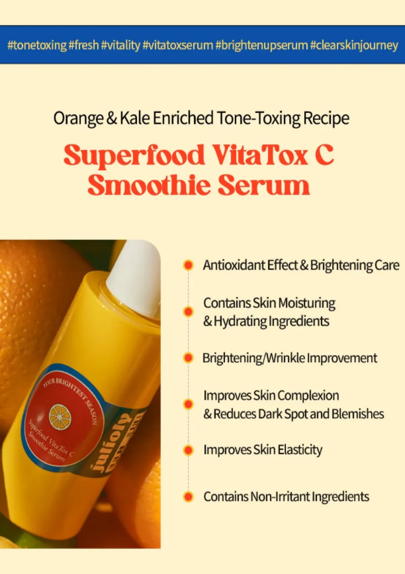Superfood VitaTox C Smoothie Serum with ingredients listed on a white background
