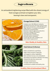 Product ingredients list with images of oranges and kale, and text about their benefits.
