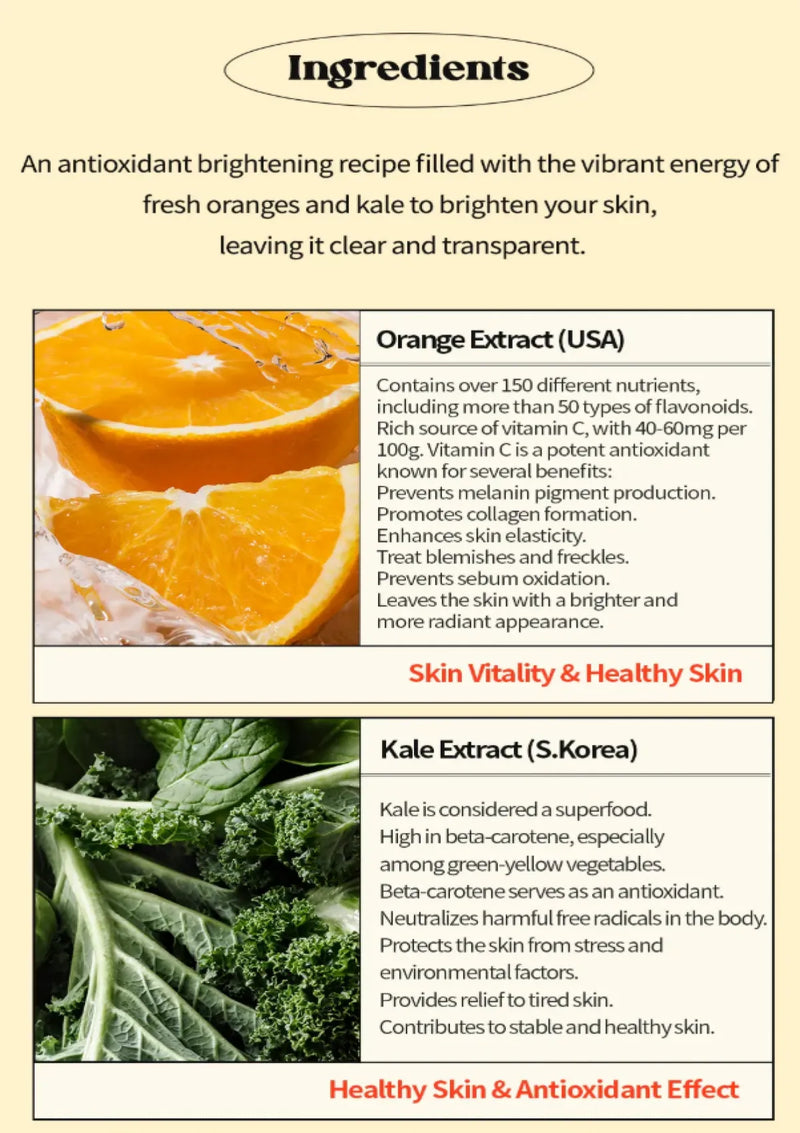 Product ingredients list with images of oranges and kale, and text about their benefits.