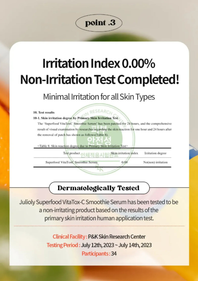 Certificate of non-irritation test for a skincare serum with a minimal irritation rating.