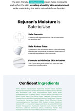 Promotional text about Rejuran's moisture cream with safe features and confidant ingredients on a white background.