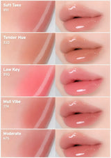 Six lip color swatches arranged in two columns, each labeled with a shade name and number: Soft Teen 591, Tender Hue 332, Low Key 593, Mull Vibe 774, and Moderate 675. The left column shows glossy lip swatches in peachy pink tones, and the right column shows corresponding lips wearing the shade.