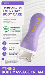A purple Ytning body massage cream tube with a silver applicator tip, shown on a white background with promotional text and icons for everyday body care, EWG Green rating, and soothing moisturizing properties.