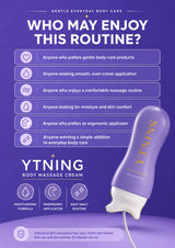 A purple promotional graphic for YTNING Body Massage Cream showing a lavender squeeze bottle with a white applicator tip. Large text reads 'WHO MAY ENJOY THIS ROUTINE?' with a checklist of suitable users, and icons highlight moisturising formula, ergonomic applicator, and easy daily routine.