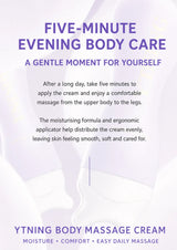 Promotional graphic for YTNYING Body Massage Cream with text reading 'FIVE-MINUTE EVENING BODY CARE' and product benefits on a soft white and lavender abstract background.