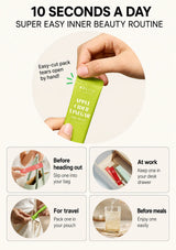 Promotional graphic for a belly beauty product showing a hand tearing open a green sachet labeled 'APPLE CIDER VINEGAR' and four smaller usage scenes with text about carrying it before heading out, at work, for travel, and before meals. Large headline reads '10 SECONDS A DAY SUPER EASY INNER BEAUTY ROUTINE.