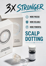 Promotional product shot for Scalp Dotting Hair Flavour treatment showing a white product box, a small vial, and a clear cap lying on its side, with large marketing text reading '3X STRONGER' and feature callouts on a white background.