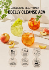 Three styled drinks in clear glasses on a light countertop, with fruit slices and a grape cluster around them. Large text at the top reads 'A DELICIOUS BEAUTY HABIT BBELLY CLEANSE ACV', and six circular ingredient/feature callouts appear along the bottom.