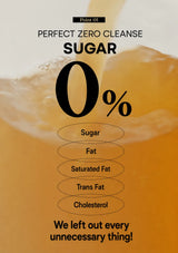 A promotional graphic for a sugar-free cleanse drink or supplement, featuring a golden liquid with a thick white foam swirl. Large black text reads 'PERFECT ZERO CLEANSE', 'SUGAR', '0%', and lists excluded components like sugar, fat, saturated fat, trans fat, and cholesterol.
