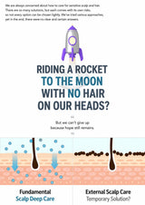 An informational infographic about scalp care, featuring a rocket illustration and the headline 'RIDING A ROCKET TO THE MOON WITH NO HAIR ON OUR HEADS?'. The top text discusses sensitive scalp and hair care approaches, and the bottom panel shows a scalp-depth diagram comparing internal and external care.