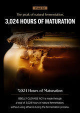 A dark promotional graphic for BBELY CLEANSE ACV, showing a close-up of a fermentation jar with a burlap lid and amber liquid. Text reads 'Point 02', 'The peak of natural fermentation, 3,024 HOURS OF MATURATION', and '3,024 Hours of Maturation', with additional descriptive copy about natural fermentation without ethanol.