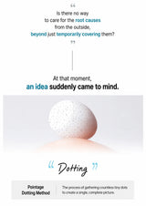 An informational graphic explaining the 'Dotting' pointage method, featuring a central photo of a speckled white egg balanced on a soft pink surface. The text above discusses root causes and ideas, and the bottom box describes the dotting process.