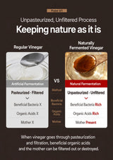 An informational comparison graphic for vinegar production labeled 'Point 03' with the headline 'Unpasteurized, Unfiltered Process' and the subheadline 'Keeping nature as is.' The left panel shows 'Regular Vinegar' with a spoon in a clear liquid and a list of filtered components; the right panel shows 'Naturally Fermented Vinegar' with a wooden spoon holding amber liquid and a list of unfiltered components.
