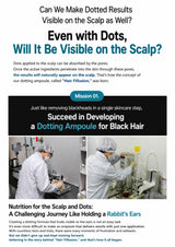A text-heavy promotional graphic for a dotting ampoule product, with large headline text about visible dots on the scalp, a small photo of two people in a lab setting, and additional article text below.