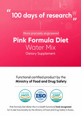 Promotional graphic for Pink Formula Diet Water Mix dietary supplement, featuring a pink header with white text and several certification logos including HACCP, ISO, and GMP below on a white background.