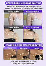 An instructional graphic titled 'Upper-Body Massage Routine' with two sections showing close-up body photos for shoulder and jawline/neck massage steps. The layout uses purple headers, white text, and small inset photos of a person's upper torso and neck with dashed circles highlighting areas of interest.