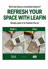 Promotional graphic for LEAFIN odor remover, with headline text reading 'Refresh Your Space With Leafin' and a before/after comparison photo showing a handheld device above a floor vent, with numbers 364 and 49.