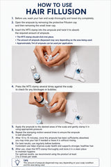 Instruction sheet titled 'HOW TO USE HAIR FILLUSION' with numbered steps, small product photos of a blue and white stamp applicator, and a hand demonstrating the application process.