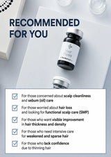 A promotional flat-lay showing a small black vial labeled 'Hair Plusio' on a white surface, with additional text reading 'RECOMMENDED FOR YOU' and a checklist of benefits for hair care. No person or real environment is present, so this is Product/Packaging rather than Lifestyle.