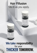 Two small glass vials labeled Hair Illusion The Maximum with white caps, displayed on white geometric platforms with promotional text above and below.