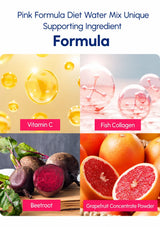 Promotional graphic for a pink formula diet water mix, showing four ingredient panels labeled Vitamin C, Fish Collagen, Beetroot, and Grapefruit Concentrate Powder, with large text reading 'Formula' and 'Pink Formula Diet Water Mix Unique Supporting Ingredient'.
