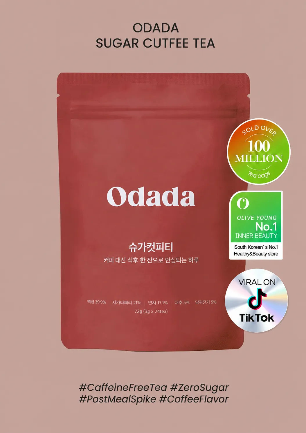 A red stand-up pouch of Odada Sugar Cute Coffee Tea on a dusty pink background, with text reading 'ODADA SUGAR CUTE COFFEE TEA' at the top and promotional badges including 'Over 100 Million Cups' and 'Viral on TikTok' on the right.