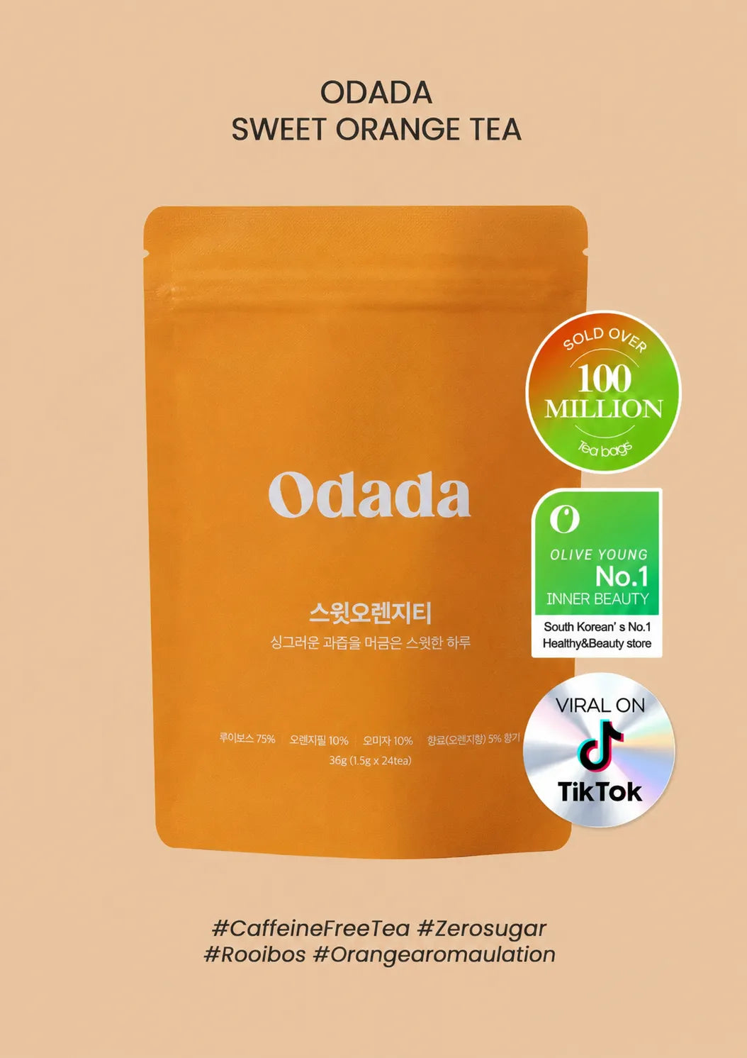 An orange stand-up pouch of Odada Sweet Orange Tea on a beige background, with text reading 'ODADA SWEET ORANGE TEA' and product badges including 'Sold Over 100 Million', 'Olive Young No.1', and 'Viral on TikTok'.
