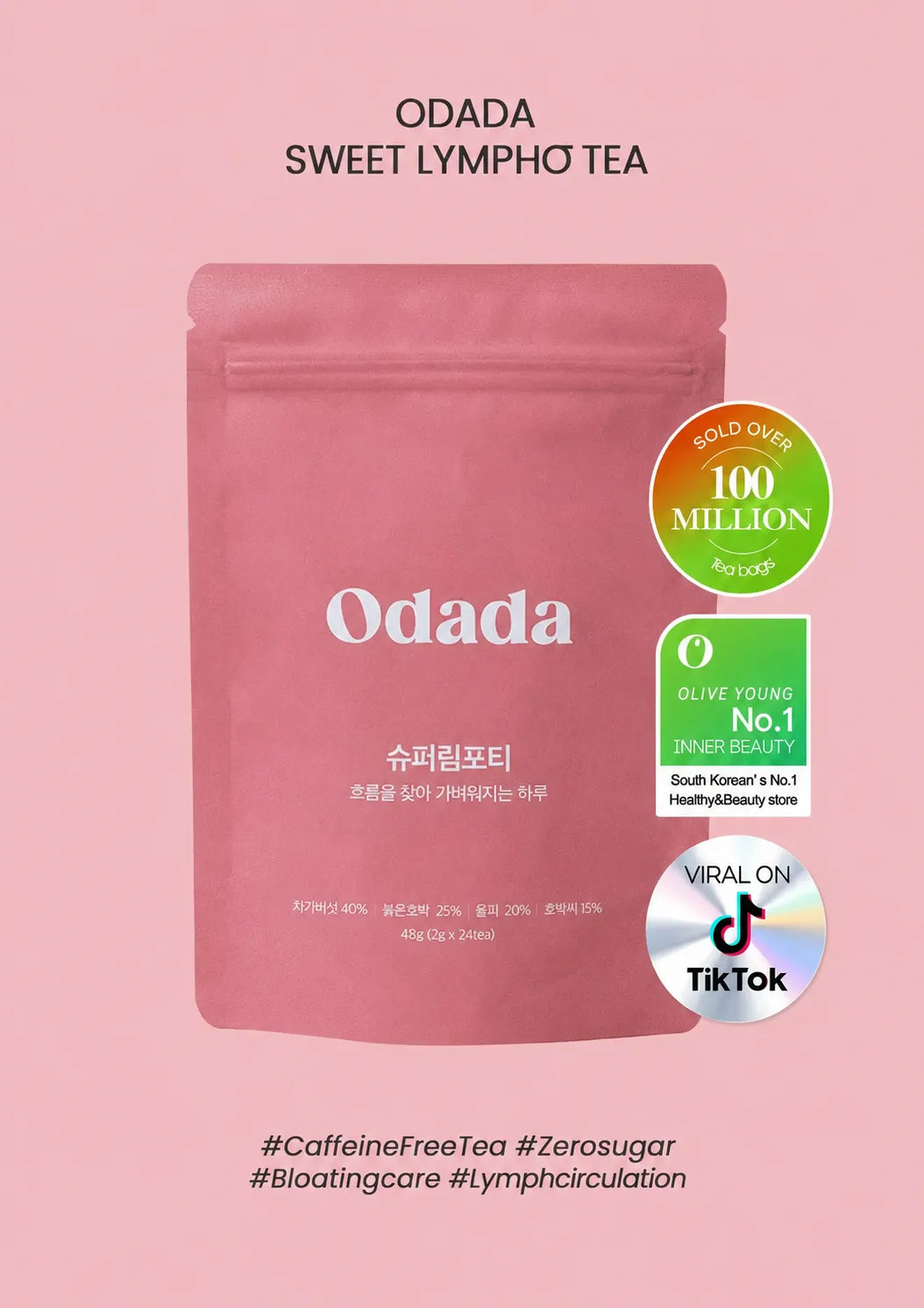 A pink stand-up pouch of Odada Sweet Lympho Tea centered on a solid pink background, with product text at the top and circular badges on the right including 'Sold Over 100 Million', 'Olive Young No.1 Healthiest Beauty Store', and 'Viral on TikTok'.
