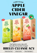 Promotional graphic for Apple Cider Vinegar products, showing three BB Belly Cleanse ACV boxes in green, orange, and pink flavors against a light blue and white background with large text.