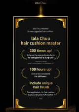 A promotional graphic for the LalaChuu Hair Cushion Master, featuring a black background with gold decorative borders and text highlighting enhanced hair and scalp care, up to 100 hours coverage, and an included brush.