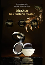 Lala Chuu Hair Cushion Master grey hair coverage compact shown open with the powder pan visible and a brush resting on top, set against a dark brown background with decorative gold leaves and marketing text.