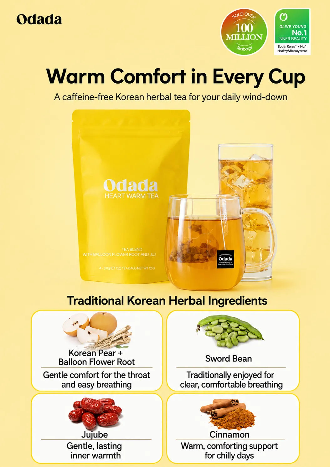 Odada herbal tea advertisement on a pale yellow background, showing a yellow pouch of tea, a glass of amber tea, and four ingredient panels for Korean Pear + Balloon Flower Root, Sword Bean, Jujube, and Cinnamon.
