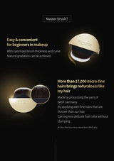 Promotional graphic for the lalaChuu Master Brush hair styling tool, showing two views of the gold and black brush head on a black background with gold text highlighting features like micro-fine bristles and ease of use.